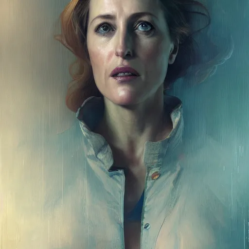 Image similar to gillian anderson, hyperrealistic portrait, bladerunner street, art of elysium by jeremy mann and alphonse mucha, fantasy art, photo realistic, dynamic lighting, artstation, poster, volumetric lighting, very detailed face, 4 k, award winning