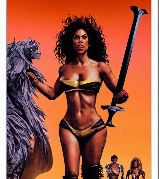 Image similar to 1 9 8 0 s fantasy novel book cover, amazonian rosario dawson in extremely tight bikini armor wielding a cartoonishly large sword, exaggerated body features, dark and smoky background, low quality print