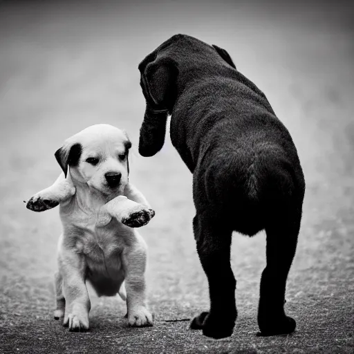 Prompt: black and white photography of a puppie giving some food to baby cat, animal photography, award winning photography by Leonardo Espina