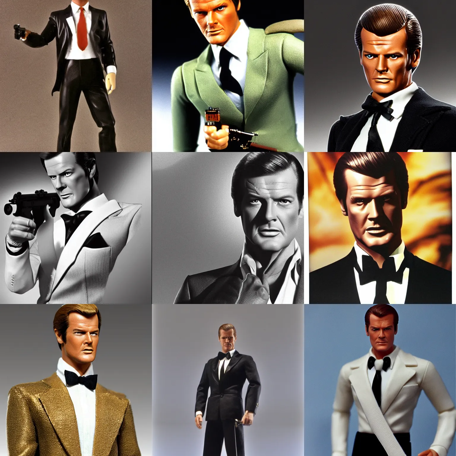 Prompt: young 2 5 year old roger moore as james bond, 1 9 7 3,, action figure by ross tran