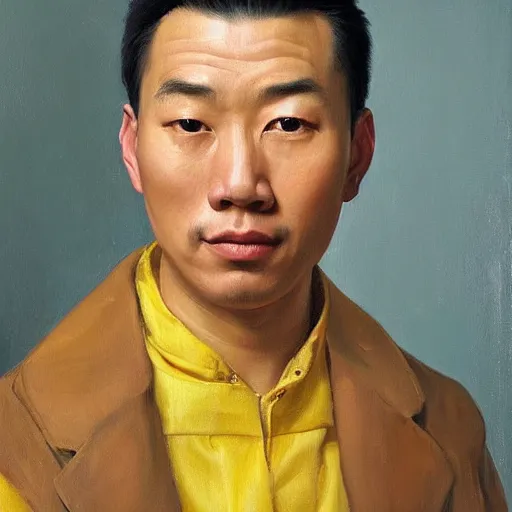 Prompt: highly detailed oil painting, an asian man, beautiful face by leyendecker, long hair, mustard yellow background, medium portrait, lucian freud, jenny saville
