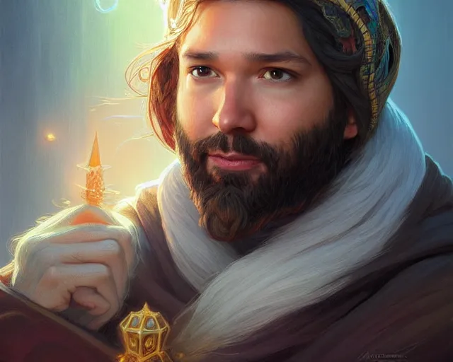 Image similar to a portrait of alexis ohanian as a wizard, wizard hat, handsome, deep focus, d & d, fantasy, intricate, elegant, highly detailed, digital painting, artstation, concept art, matte, sharp, illustration, hearthstone, art by artgerm and greg rutkowski and alphonse mucha