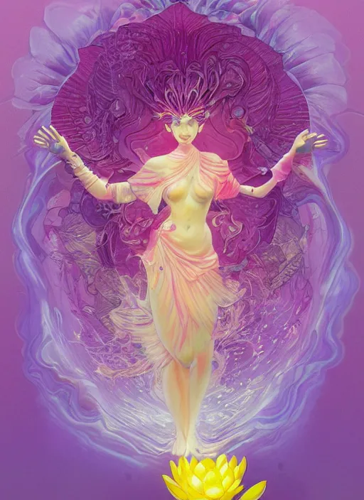 Image similar to 'lotus goddes, full body, purple, pink, yellow, concept character, water drops, lotus flower, beautiful, stunning, pink mist, radiating power, energy, god rays, luminescence, fractal, style of james jean, akira, satoshi con'