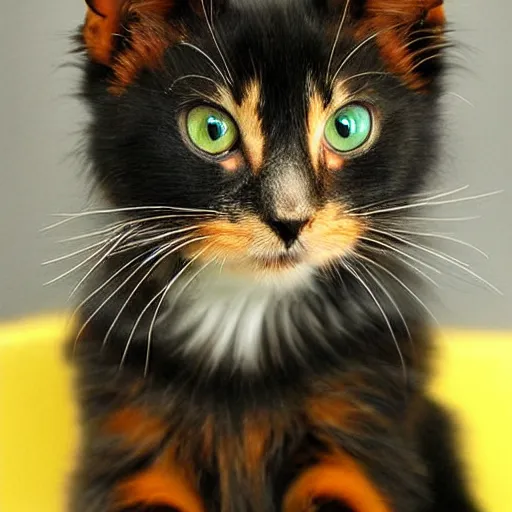 Image similar to cute little long haired tortoiseshell!!!! cat, black with ((orange)) specks, yellow eyes