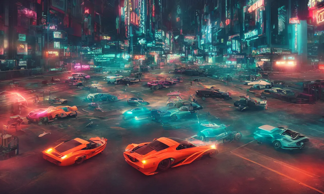 Image similar to insanely moody cinematic render of a drag race on the street of a cyberpunk city, on the style of the movie fast and furious, sharp focus, speed, teal and orange colors, vaporwave, photorealism, cinema still, photography, octane 3 d, vray render, insane details, 8 k high definition, artstation