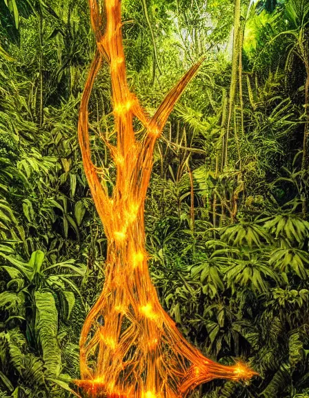 Prompt: vintage color photo of a giant 1 1 0 million years old abstract sculpture made of light rays and liquid gold covered by the jungle vines