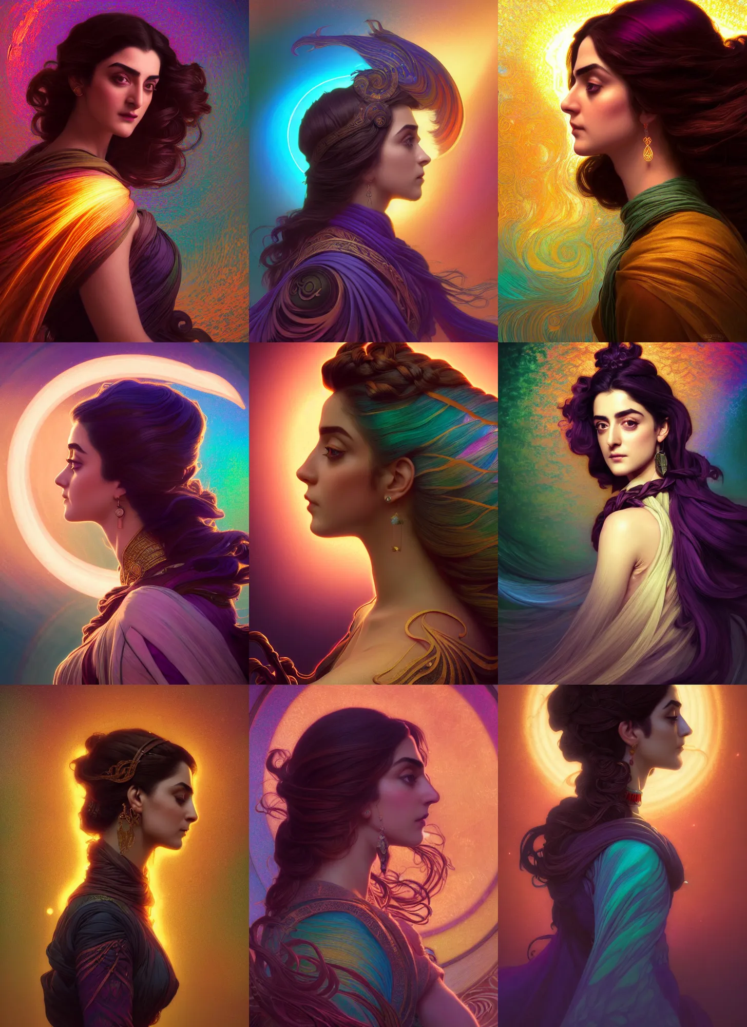 Prompt: side portrait, maya ali, wind sorcerer, gloomhaven, soft, smooth, luminescent, art nouveau tarot, backlit glow, colorful swirly ripples, gaudy colors, aesthetic octane render, unreal engine, pre - raphaelite, gothic, 8 k, by mucha, ilya kuvshinov, cushart krenz