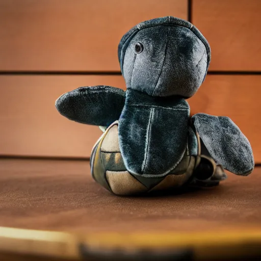 Image similar to a photograph of a turtle plush toy, he is happily playing drums, he is wearing a leather coat, vivid color, 50mm, depth of field