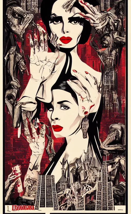 Image similar to 8 k cursed with necronomicon horrorcore cel animation poster depicting dominican woman with sharp nails, intricate faces, metropolis, 1 9 5 0 s movie poster, post - processing, vector art