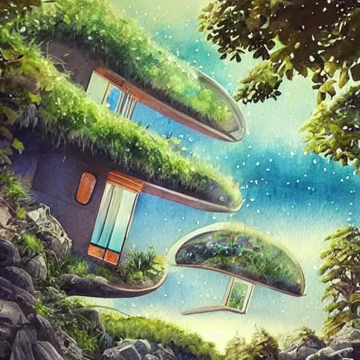 Image similar to beautiful happy picturesque charming sci - fi organic pod - like homes of the future in a beautiful natural scene. water, trees and rocks. beautiful light. soft colour scheme. beautiful artistic detailed watercolor by lurid. ( 2 0 2 2 )