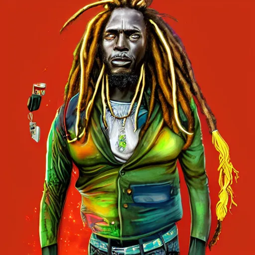 Image similar to portrait of rastafarian ronald reagan with dreadlocks, cyberpunk setting, futuristic, highly detailed, intricate lighting, digital painting, sharp focus, illustration, trending on artstation, art by magali villenueve.