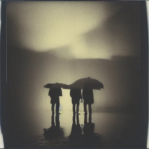 Prompt: polaroid of a night, silhouettes, threes, rain, reflection, double exposure, high contrast
