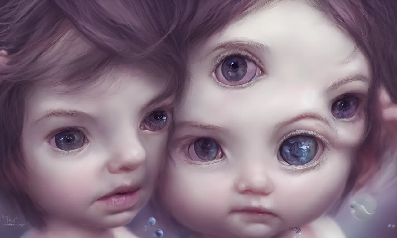 Prompt: digital painting of beautiful cute baby bubble with huge eyes, long eyelashes staring into the camera, intricate, detailed, fractals, rendered in blender, octane, artstation, grg rutkowski, muchas, artgerm