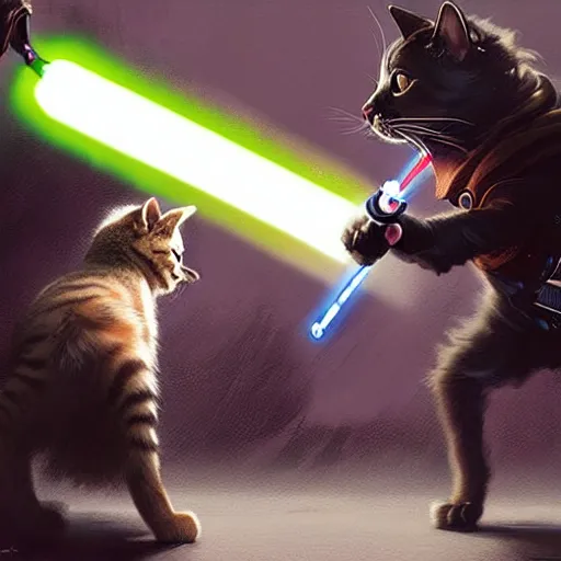 Prompt: a anthropomorph cat and dog duel fight with lightsaber, ultra detailed, by Greg rutkowski