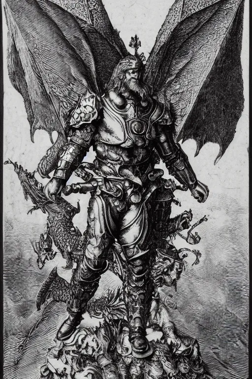 Prompt: A copper engraving of an armored archangel who looks like henry cavill standing atop a dragon, glorious, by albrecht durer, HD, 4k, 8k, incredibly detailed, intricate, masterpiece,