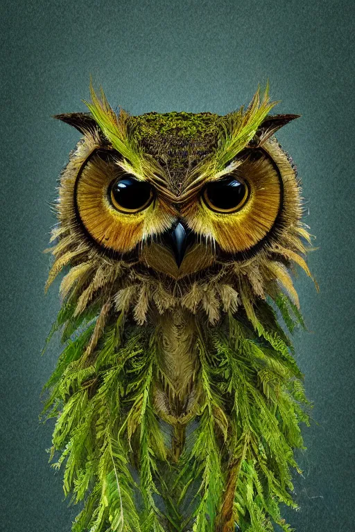 Prompt: an owl made of moss, symmetrical, highly detailed, digital art, sharp focus, amber eyes, ferns, trending on art station