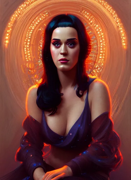 Prompt: portrait of katy perry, intricate, elegant, glowing lights, highly detailed, digital painting, artstation, glamor pose, concept art, smooth, sharp focus, illustration, art by wlop, alphonse mucha and craig mullins