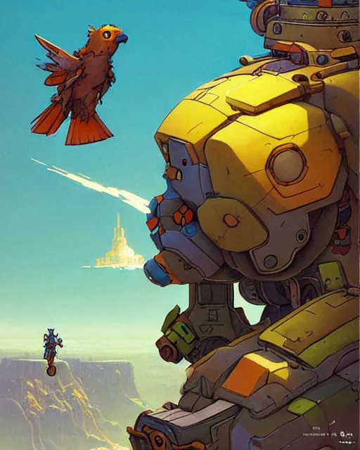 Image similar to bastion the friendly from overwatch, with his pet bird, character portrait, portrait, close up, concept art, intricate details, highly detailed, vintage sci - fi poster, retro future, in the style of chris foss, rodger dean, moebius, michael whelan, katsuhiro otomo, and gustave dore