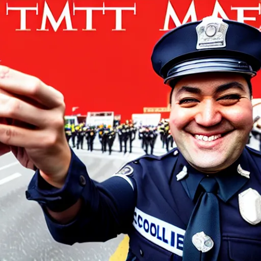 Image similar to smiling cop takes a selfie in front of a riot, time magazine 2 0 2 2, high detail, 8 k