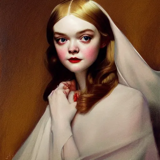 Prompt: Painting of Elle Fanning as a ghost, long blonde hair, delicate, pale milky white porcelain skin, by Leyendecker and Norman Rockwell