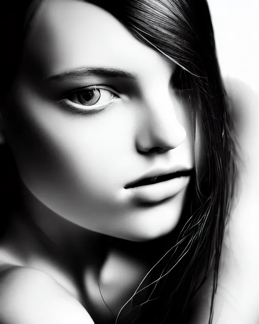 Prompt: black and white dreamy young beautiful female creature vegetal - cyborg high quality portrait photo, microchip skin, artificial intelligence, cinematic, rim light, photo - realistic, elegant, high detail, 8 k, masterpiece, high fashion, photo taken in 1 9 3 0