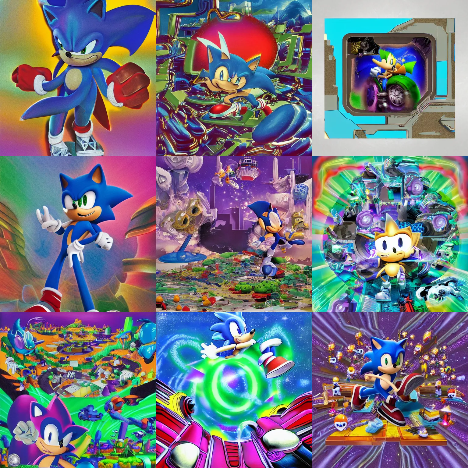 Prompt: sonic the hedgehog portrait deconstructivist claymation scifi matte painting landscape of a surreal dreaming stars, jazz cup detailed professional soft pastels high quality airbrush art album cover of a liquid dissolving airbrush art lsd sonic the hedgehog swimming through cyberspace purple teal checkerboard background 1 9 9 0 s 1 9 9 2 sega genesis rareware video game album cover