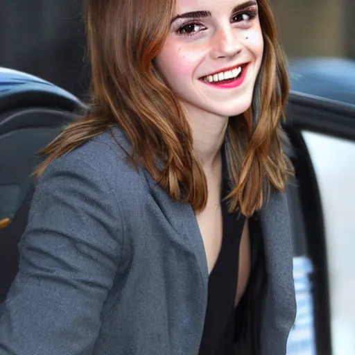 Image similar to emma watson unapologetically grinning, seen from a car window, paparazzi photo, tabloid, flash photography