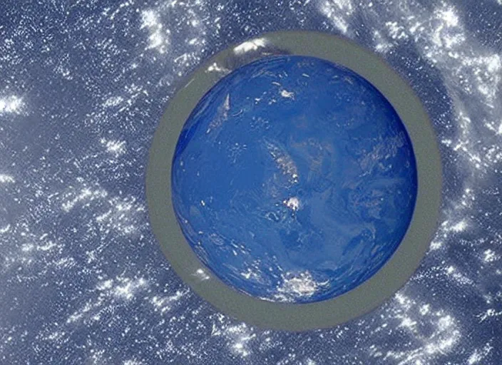 Image similar to nasa distant satellite still of a flat disc shaped earth that is flat and shaped like a flat disc flat disc!!!!!!!!! floating in space, side view full flat earth with stars, 8 k