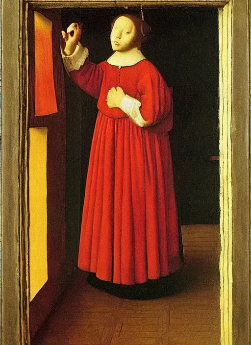 Prompt: red shoes, medieval painting by jan van eyck, johannes vermeer