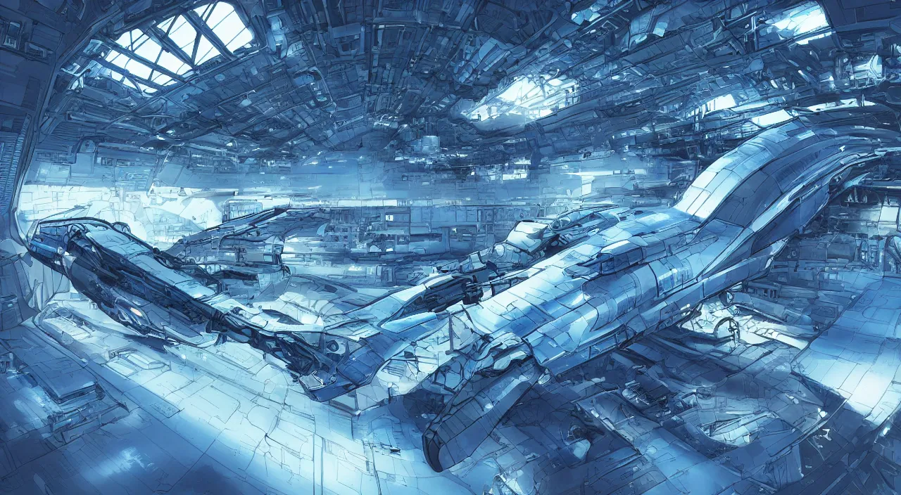Prompt: digital illustration of a detailed spaceship in a hangar, sci fi, cold blue colors, trending on artstation