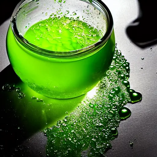 Image similar to a green liquid mixed with honey, waving, flowing, dramatic lighting