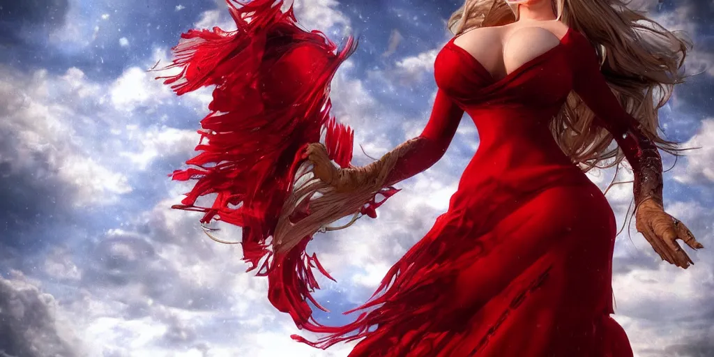 Prompt: epic scene of very attractive final fantasy 1 7 female character looking like brigid bardot, detail face, lovely eyes and lips, with amazing detail red dress ) ( fighting ) hyper realistic 3 d render, art station, particles, epic scene, mucha, clouds, jump pose, blur focus, action, fantasy, digital art, smooth curves