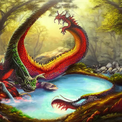 Prompt: highly detailed oil painting of a colorful hotspring with forest backdrop, focus is on a dragon, featured on artstation