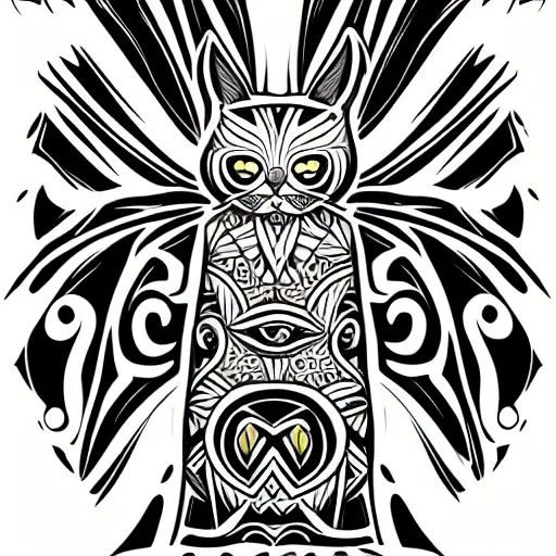 Image similar to tattoo sketch of a cat hugging the sun, on a canva, polynesian style, ornamental, line art, vector,