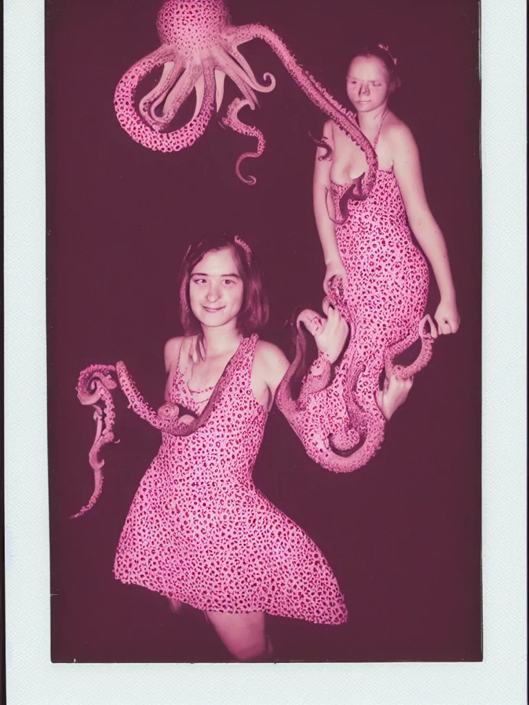 Image similar to Polaroid of an octopus in a pink polkadot dress at her high school prom, portrait by David friedric