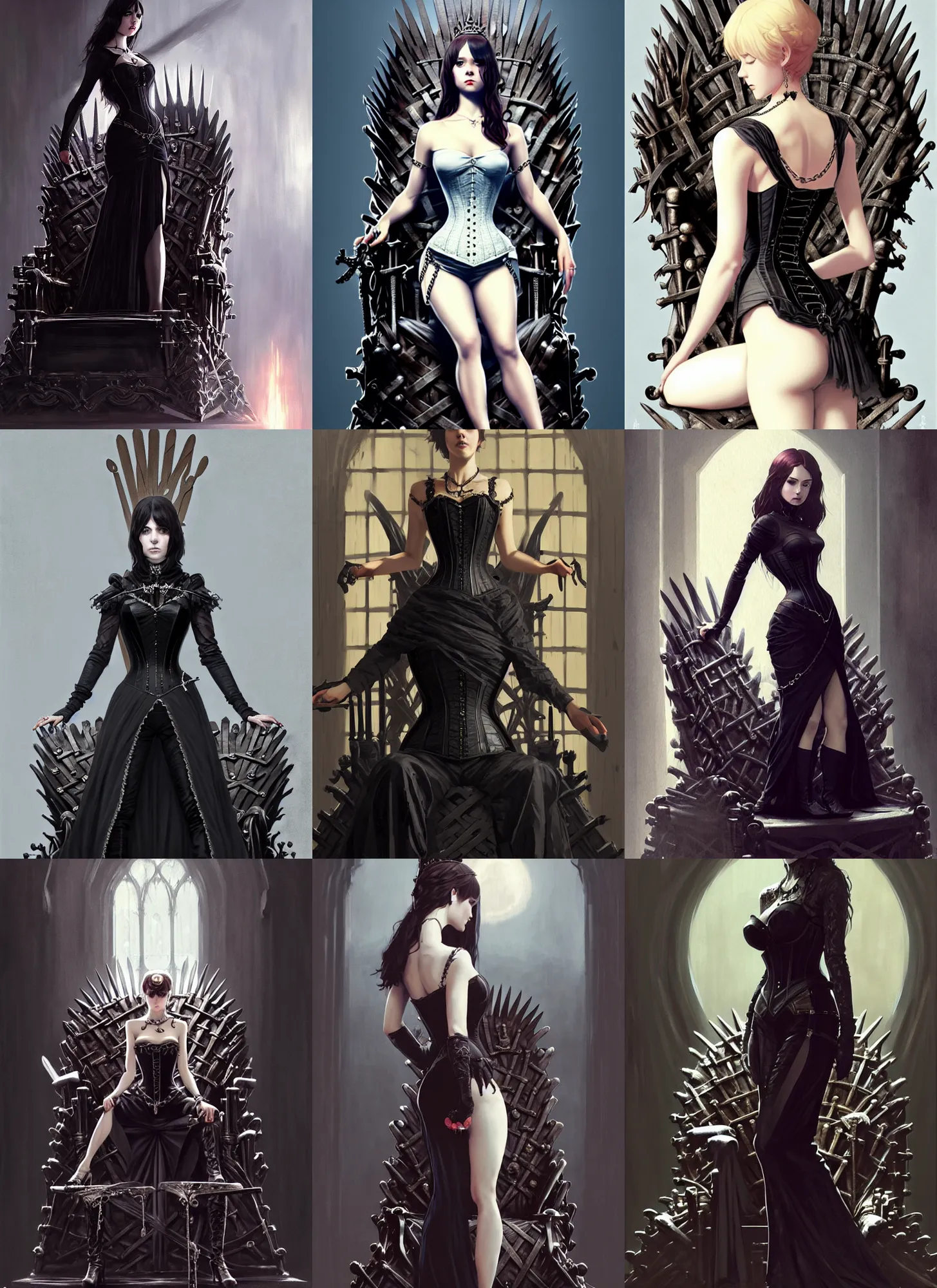 Prompt: an elegant gothic princess, very tight corset, chains, on the iron throne, full body, style of ilya kuvshinov and greg rutkowski, masterpiece, very high quality, intricate, high resolution