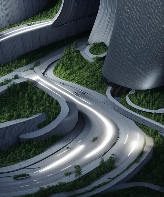 Image similar to denis villeneuve establishing shot of modern bjarke ingels condo building and gotthard tunnel entrance combined, roads tunnel under bjarke ingels condo building, lush nature environment, beautiful lighting, scifi artstation digital concept art, unreal engine, hyper realism, realistic shading, cinematic composition, blender render, octane render, wide shot