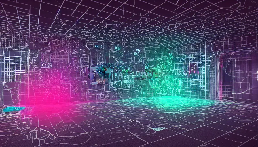 Image similar to computer circuits, android, wall of graffiti intricate volumetric octane render 3 d street art depicting dark monochrome neon fluorescent color abstract geometry in the style of wlop, mirrors edge, odeith