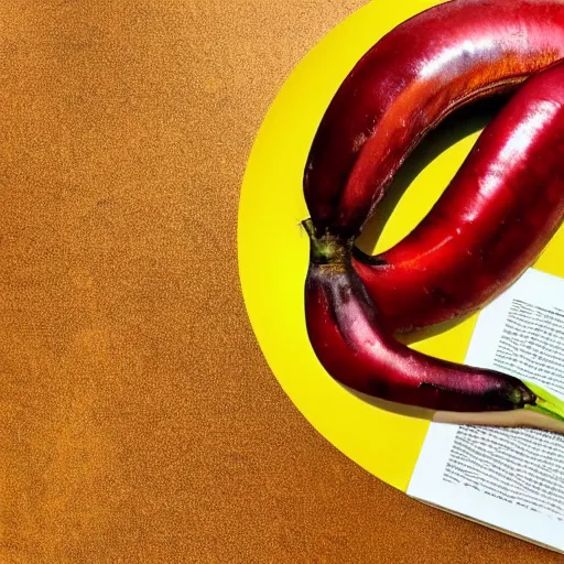 Image similar to photographic, hyperrealistic image, of a red banana, on top of a yellow book, on top of a dining table, detailed, HD, cinematic