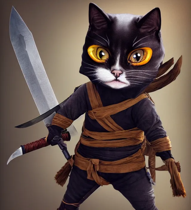 Prompt: a high detail shot of a cute chibi ninja cat wearing rags, holstering sword, realism, 8 k, fantasy,