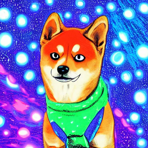 Prompt: Shiba Inu wearing a neon coloured hat while on a spaceship