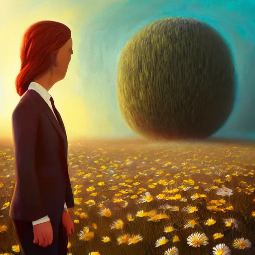 Image similar to giant daisy flowers head, frontal, girl in a suit, surreal photography, sunrise, dramatic light, impressionist painting, digital painting, artstation, simon stalenhag