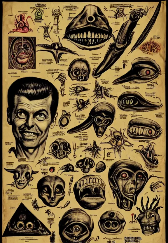 Image similar to subgenius, x - day, aliens, weird stuff, occult stuff, devil stuff, medical diagrams, vintage, stained paper, hyperrealism, stage lighting