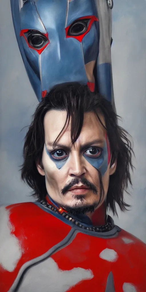 Image similar to realistic Portrait painting of a Johnny Depp as Ultraman Taro, made by Gustave Courbet, physical painting, Sharp focus,digital art, bright colors,fine art, trending on Artstation, unreal engine.