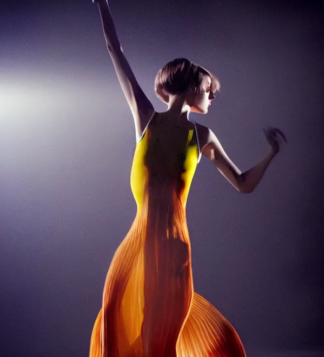 Image similar to la la land unseen film scene of gaz station by night starring seductive actress doing steps dancing and dressed by an organic looking dress from designer * iris van herpen *, with stylish colorfull makeup. intriguing soft back lighting, highly detailed, skin grain detail, photography by paolo roversi, nick knight