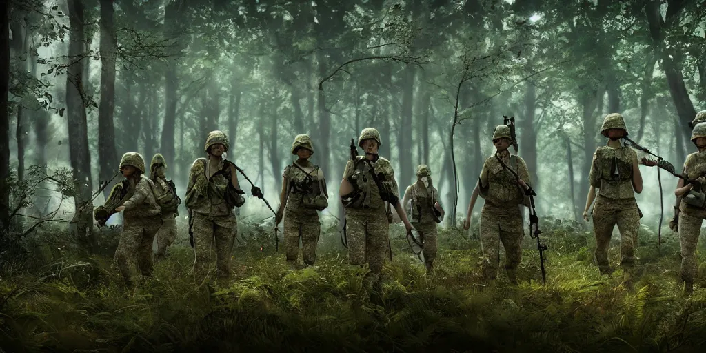 Image similar to group of female soldiers, searching through iridescent woods, makeshift camp, aerial photography, eerie, beautiful, stunning, intricate detail, cinematic, unreal engine, concept art, photorealism