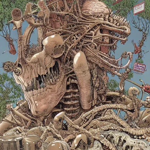 Image similar to an impossible nightmare beyond comprehension, very very detailed painting by geof darrow and greg rutowski and hr giger