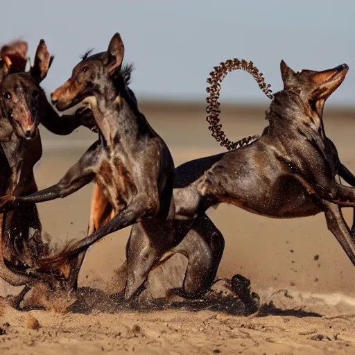 Image similar to National Geographic photo of horse full of octopus being eaten by African hunting dogs