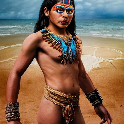 Prompt: portrait of a young mayan jaguar warrior, beach pic, depth of field, zeiss lens, detailed, symmetrical, centered, fashion photoshoot, by annie leibovitz and steve mccurry, david lazar, jimmy nelsson, breathtaking, 8 k resolution, extremely detailed, beautiful, establishing shot, artistic, hyperrealistic, beautiful face, octane render