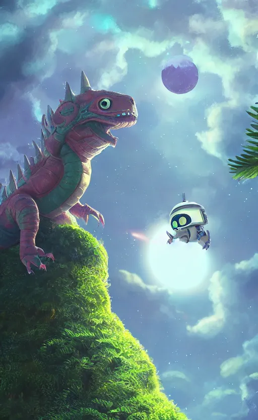 Image similar to a still of a cute adorable tiny astronaut, on a planet of lush foliage, with an enormous kaiju dragon surrounding, magical forest, sharp focus, neon backlit, highly detailed, disney pixar studio ghibli makoto shinkai, digital painting, matte, octane render, global illumination, iridescent, anime, 8 k concept art